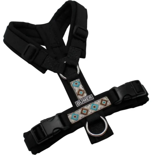 BUMER BOHO Hundegeschirr, gepolstert ohne geteilten Bruststeg, Größe XXS, Gurtband PREMIUM Pitch Black, Softshell schwarz, Ringe silberfarbig (Edelstahl), Schnallen schwarz