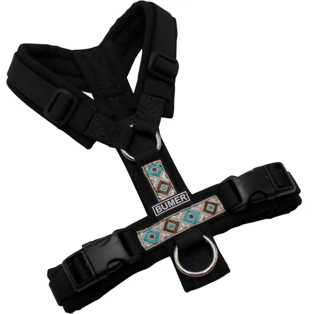 BUMER BOHO Hundegeschirr, gepolstert ohne geteilten Bruststeg, Größe XXS, Gurtband PREMIUM Pitch Black, Softshell schwarz, Ringe silberfarbig (Edelstahl), Schnallen schwarz