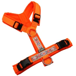 BUMER BOHO Hundegeschirr, gepolstert ohne geteilten Bruststeg, Zwischengröße XS/S, Gurtband PREMIUM Electric Pumpkin, Softshell Neonorange, Ringe silberfarbig (Edelstahl), Schnallen schwarz (DURAFLEX®)