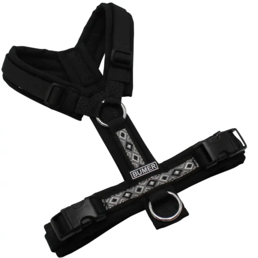 BUMER BOHO Hundegeschirr, gepolstert ohne geteilten Bruststeg, Zwischengröße XXS/XS, Gurtband PREMIUM Pitch Black, Softshell Schwarz, Ringe silberfarbig (Edelstahl), Schnallen schwarz (DURAFLEX®)