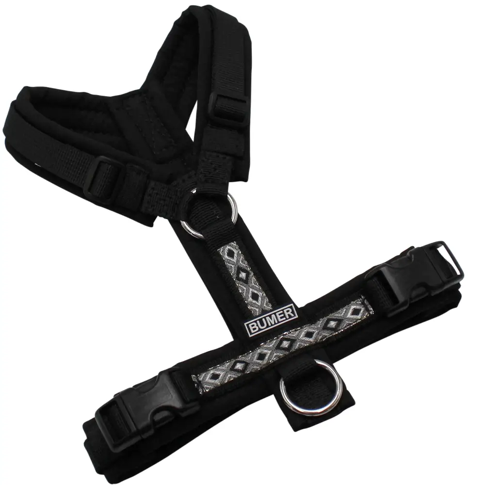 BUMER BOHO Hundegeschirr, gepolstert ohne geteilten Bruststeg, Zwischengröße XXS/XS, Gurtband PREMIUM Pitch Black, Softshell Schwarz, Ringe silberfarbig (Edelstahl), Schnallen schwarz (DURAFLEX®)