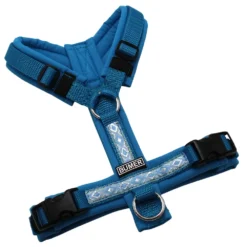 BUMER BOHO Hundegeschirr, gepolstert ohne geteilten Bruststeg, Zwischengröße XXS/XS, Gurtband Petrol, Softshell Himmelblau, Ringe silberfarbig (Edelstahl), Schnallen schwarz (DURAFLEX®)