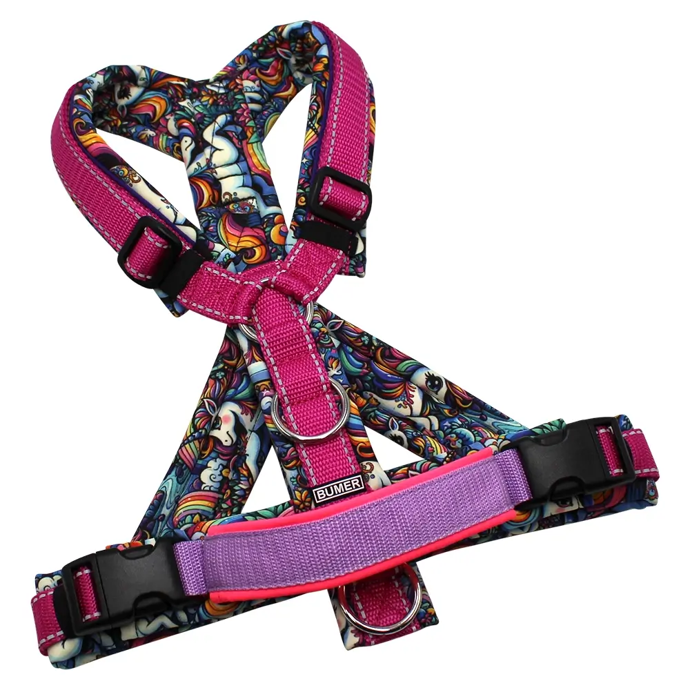 BUMER Hundegeschirr, gepolstert mit geteiltem Bruststeg, Größe M, Gurtband Fuchsia REFLEX, Softshell EINHORN #5, Ringe silberfabrig (Edelstahl), Schnallen schwarz (DURAFLEX®), Haltegriff