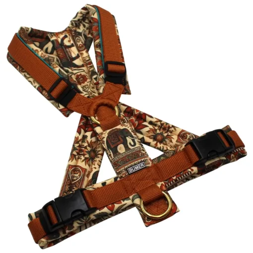 BUMER Hundegeschirr, gepolstert mit geteiltem Bruststeg, Größe M, Gurtband Hellbraun, Softshell Desi Dreams, Ringe goldfarbig, Schnallen schwarz, Applikation