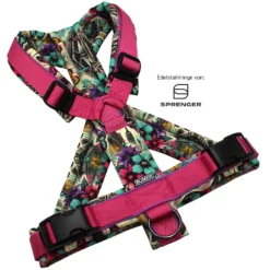 BUMER Hundegeschirr, gepolstert mit geteiltem Bruststeg, Größe M, Gurtband PREMIUM Himbeer Sorbet, Softshell Street Flora, Ringe schwarz (Edelstahl), Schnallen schwarz (DURAFLEX®), Applikation
