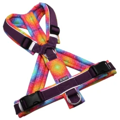 BUMER Hundegeschirr, gepolstert mit geteiltem Bruststeg, Größe M, Gurtband PREMIUM Lavender Luxe, Softshell Aurora Mandala, Ringe silberfarbig (Edelstahl), Schnallen schwarz, Applikation