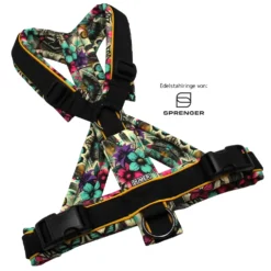 BUMER Hundegeschirr, gepolstert mit geteiltem Bruststeg, Größe M, Gurtband PREMIUM Pitch Black, Softshell STREET FLORA, Ringe schwarz (Edelstahl), Schnallen schwarz (DURAFLEX®), Applikation