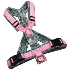 BUMER Hundegeschirr, gepolstert mit geteiltem Bruststeg, Größe M, Gurtband: PREMIUM X Rosenzart, Softshell: Symphony of Water Lilies, Ringe: rosegoldfarbig, Schnallen: schwarz, Applikation