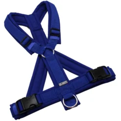 BUMER Hundegeschirr, gepolstert mit geteiltem Bruststeg, Größe M, Gurtband Ultramarin, Softshell Royal, Ringe silberfarbig (Edelstahl), Schnallen schwarz