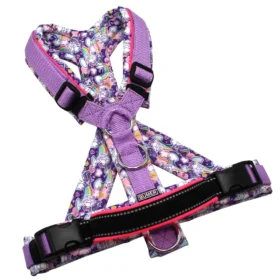 BUMER Hundegeschirr, gepolstert mit geteiltem Bruststeg, Größe M, Gurtband Violett, Softshell EINHORN FRÖHLICH, Ringe silberfarbig (Edelstahl), Schnallen schwarz (DURAFLEX®), Extras