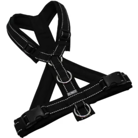 BUMER Hundegeschirr, gepolstert mit geteiltem Bruststeg, Größe M, Gurtband schwarz (REFLEX), Softshell schwarz, Ringe silberfarbig (Edelstahl), Schnallen schwarz (DURAFLEX®), Zusatzringe