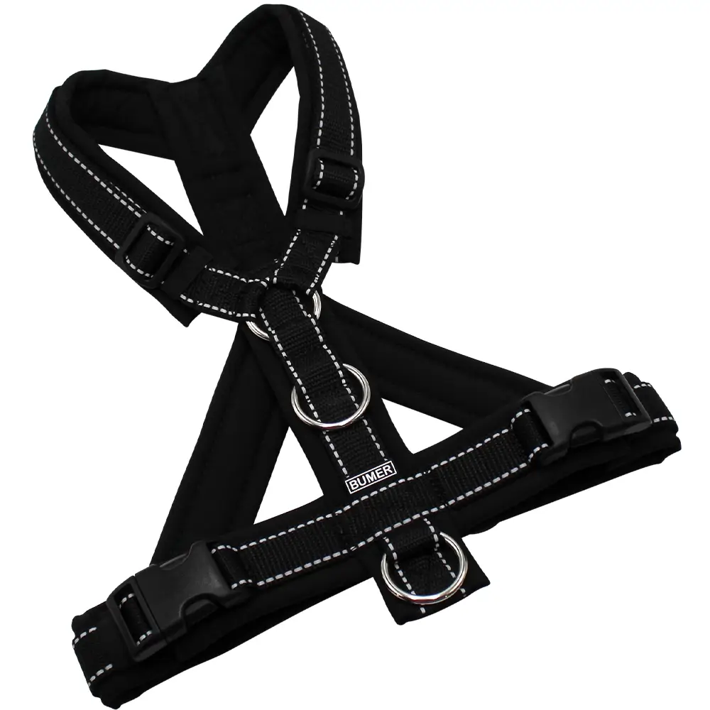 BUMER Hundegeschirr, gepolstert mit geteiltem Bruststeg, Größe M, Gurtband schwarz (REFLEX), Softshell schwarz, Ringe silberfarbig (Edelstahl), Schnallen schwarz (DURAFLEX®), Zusatzringe