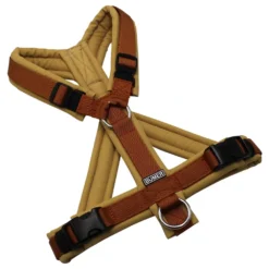 BUMER Hundegeschirr, gepolstert mit geteiltem Bruststeg, Größe S, Gurtband PREMIUM Copper Glow, Softshell Golden Nougat, Ringe silberfarbig (Edelstahl), Schnallen schwarz (DURAFLEX®)