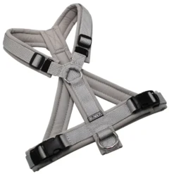 BUMER Hundegeschirr, gepolstert mit geteiltem Bruststeg, Größe S, Gurtband PREMIUM Muschelgrau, Softshell Hellgrau, Ringe silberfarbig (Edelstahl), Schnallen schwarz (DURAFLEX®)