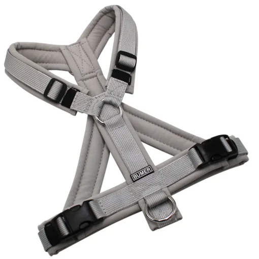 BUMER Hundegeschirr, gepolstert mit geteiltem Bruststeg, Größe S, Gurtband PREMIUM Muschelgrau, Softshell Hellgrau, Ringe silberfarbig (Edelstahl), Schnallen schwarz (DURAFLEX®)