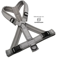 BUMER Hundegeschirr, gepolstert mit geteiltem Bruststeg, Größe S/M, Gurtband PREMIUM Muschelgrau, Softshell Hellgrau, Ringe schwarz (Edelstahl), Schnallen schwarz (DURAFLEX®)