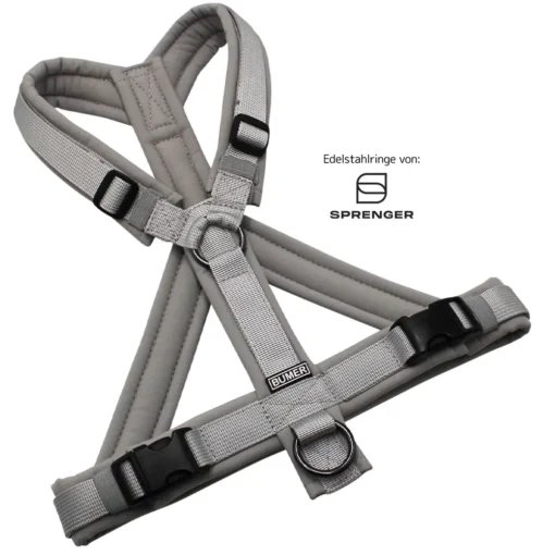 BUMER Hundegeschirr, gepolstert mit geteiltem Bruststeg, Größe S/M, Gurtband PREMIUM Muschelgrau, Softshell Hellgrau, Ringe schwarz (Edelstahl), Schnallen schwarz (DURAFLEX®)