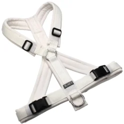 BUMER Hundegeschirr, gepolstert mit geteiltem Bruststeg, Größe S/M, Gurtband PREMIUM Silken Snow, Softshell Weiss, Ringe silberfarbig (Edelstahl), Schnallen schwarz (DURAFLEX®)