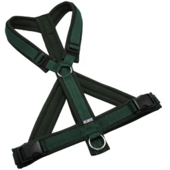 BUMER Hundegeschirr, gepolstert mit geteiltem Bruststeg, Größe XL, Gurtband Dunkelgrün, Softshell Dunkelolive, Ringe silberfarbig (Edelstahl), Schnallen schwarz (DURAFLEX®)