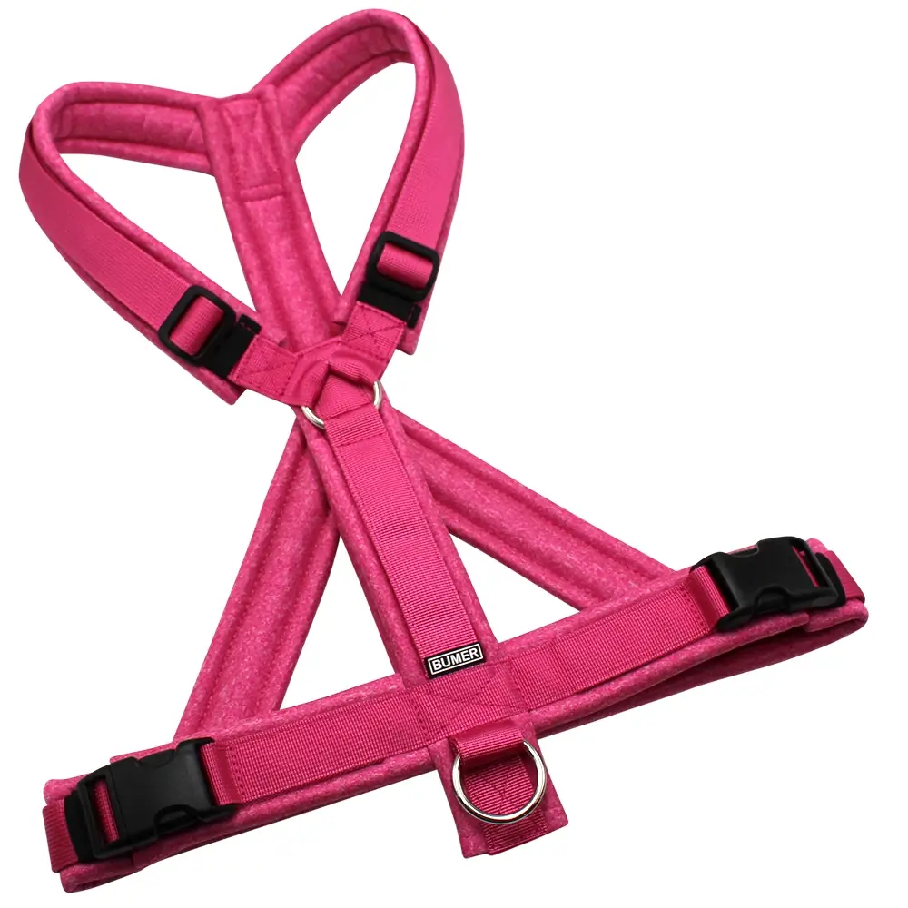 BUMER Hundegeschirr, gepolstert mit geteiltem Bruststeg, Größe XL, Gurtband PREMIUM Himbeer Sorbet, Softshell Pink meliert, Ringe silberfarbig (Edelstahl), Schnallen schwarz (DURAFLEX®)