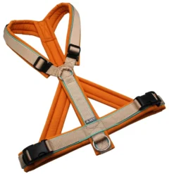 BUMER Hundegeschirr, gepolstert mit geteiltem Bruststeg, Größe XL, Gurtband PREMIUM Soft Beige, Softshell Zimt Orange, Ringe silberfarbig (Edelstahl), Schnallen schwarz (DURAFLEX®)