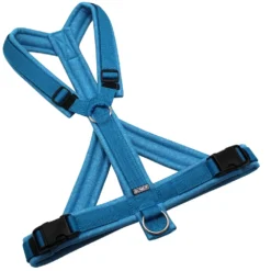 BUMER Hundegeschirr, gepolstert mit geteiltem Bruststeg, Größe XL, Gurtband Petrol, Softshell Babyblau meliert, Ringe silberfarbig (Edelstahl), Schnallen schwarz (DURAFLEX®)