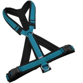 BUMER Hundegeschirr, gepolstert mit geteiltem Bruststeg, Größe XL, Gurtband Petrol, Softshell Schwarz, Ringe silberfarbig (Edelstahl), Schnallen schwarz (DURAFLEX®)