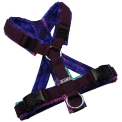 BUMER Hundegeschirr, gepolstert mit geteiltem Bruststeg, Größe XS, Gurtband Aubergine, Softshell Fantasy Reef, Ringe silberfarbig (Edelstahl), Schnallen schwarz (DURAFLEX®)