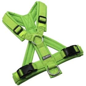 BUMER Hundegeschirr, gepolstert mit geteiltem Bruststeg, Größe XS, Gurtband Hell Lime, Softshell Lime, Ringe silberfarbig (Edelstahl), Schnallen schwarz