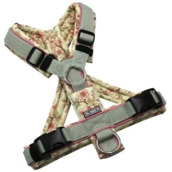BUMER Hundegeschirr, gepolstert mit geteiltem Bruststeg, Größe XS, Gurtband Helles Salbei, Softshell Japanese Spring, Ringe silberfarbig (Edelstahl), Schnallen Schnallen schwarz (DURAFLEX®), Applikation