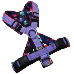 BUMER Hundegeschirr, gepolstert mit geteiltem Bruststeg, Größe XS, Gurtband Lila, Softshell HERZ #10, Ringe silberfarbig (Edelstahl), Schnallen schwarz, Paspel Neonpink
