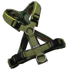 BUMER Hundegeschirr, gepolstert mit geteiltem Bruststeg, Größe XS, Gurtband Moos, Softshell Forest Fusion, Ringe silberfarbig (Edelstahl), Schnallen Schnallen schwarz (DURAFLEX®)