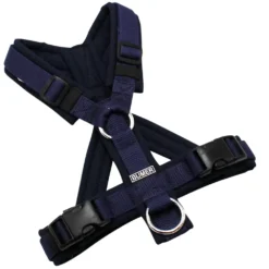 BUMER Hundegeschirr, gepolstert mit geteiltem Bruststeg, Größe XS, Gurtband Navy, Softshell Navy, Ringe silberfarbig (Edelstahl), Schnallen schwarz