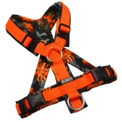 BUMER Hundegeschirr, gepolstert mit geteiltem Bruststeg, Größe XS, Gurtband Orange, Softshell Leafy Luxe, Ringe silberfarbig (Edelstahl), Schnallen DURAFLEX®