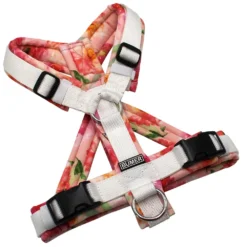BUMER Hundegeschirr, gepolstert mit geteiltem Bruststeg, Größe XS, Gurtband PREMIUM Silken Snow, Softshell Bonbonblume, Ringe silberfarbig (Edelstahl), Schnallen schwarz (DURAFLEX®)