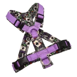 BUMER Hundegeschirr, gepolstert mit geteiltem Bruststeg, Größe XS, Gurtband Violet, Softshell COMIC LAUGHING ACE, Ringe silberfarbig (Edelstahl), Schnallen Schnallen schwarz (DURAFLEX®), Applikation