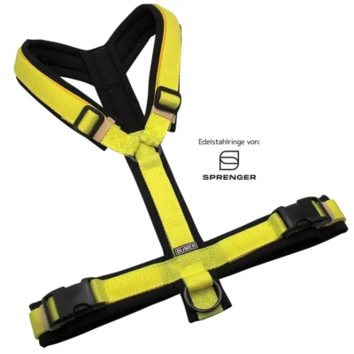 BUMER Hundegeschirr, gepolstert ohne geteilten Bruststeg, Größe L, Gurtband: Neongelb, Softshell: Schwarz, Ringe: schwarz (Edelstahl), Schnallen: schwarz, Paspel: Sonnenblume