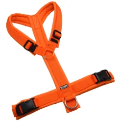 BUMER Hundegeschirr, gepolstert ohne geteilten Bruststeg, Größe L, Gurtband Orange, Softshell Naranjada, Ringe silberfarbig (Edelstahl), Schnallen schwarz (DURAFLEX®)