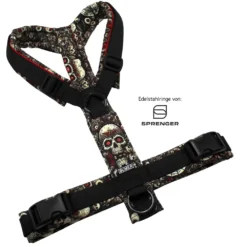 BUMER Hundegeschirr, gepolstert ohne geteilten Bruststeg, Größe L, Gurtband PREMIUM Pitch Black, Softshell Schädel Rave, Ringe schwarz (Edelstahl), Schnallen schwarz, Paspel rot, Applikation