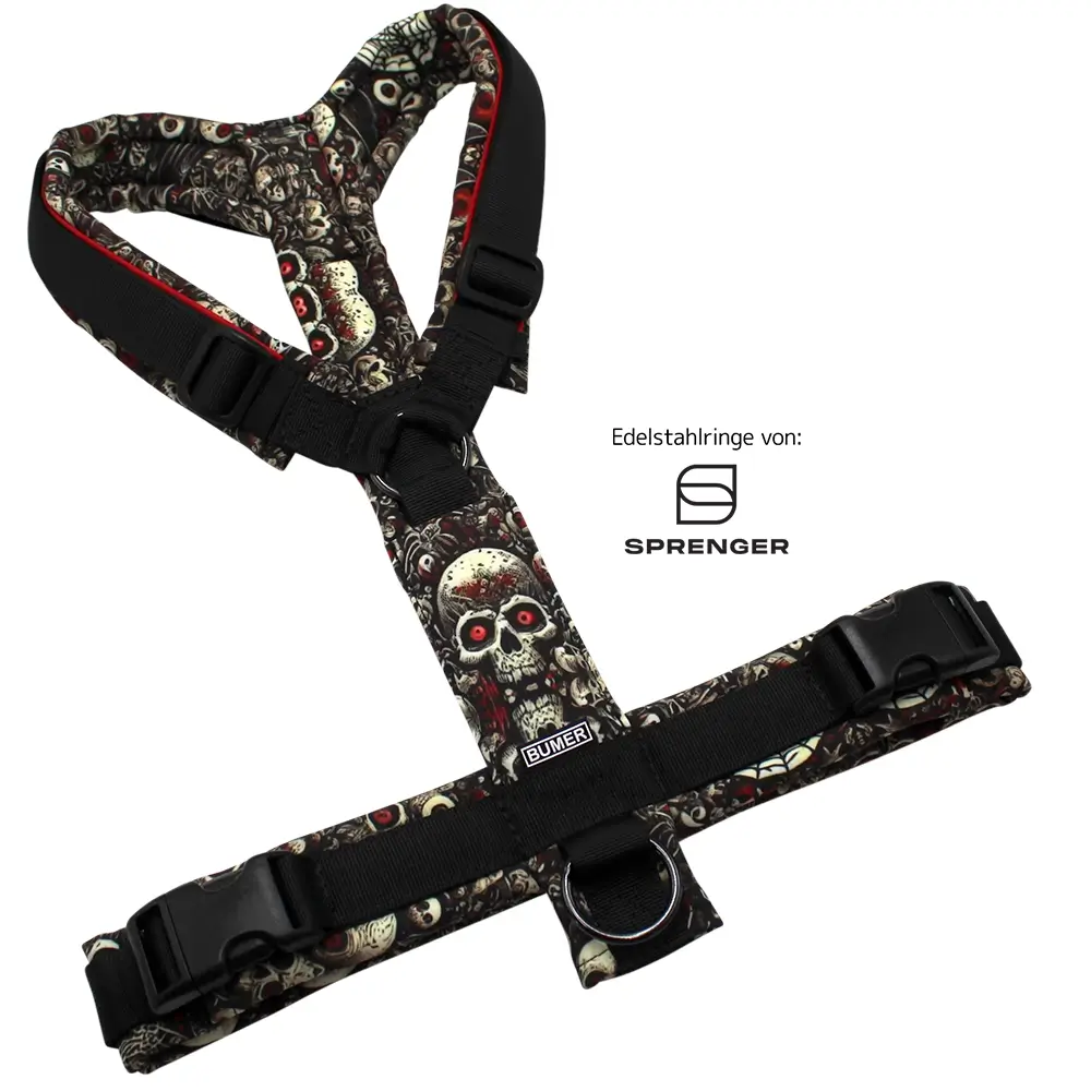 BUMER Hundegeschirr, gepolstert ohne geteilten Bruststeg, Größe L, Gurtband PREMIUM Pitch Black, Softshell Schädel Rave, Ringe schwarz (Edelstahl), Schnallen schwarz, Paspel rot, Applikation