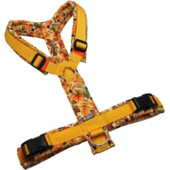 BUMER Hundegeschirr, gepolstert ohne geteilten Bruststeg, Größe L, Gurtband PREMIUM Sunburst Yellow, Softshell Chestnut Charm, Ringe silberfarbig (Edelstahl), Schnallen schwarz, Applikation