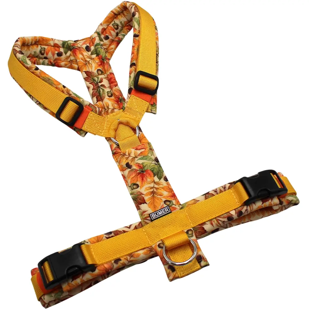 BUMER Hundegeschirr, gepolstert ohne geteilten Bruststeg, Größe L, Gurtband PREMIUM Sunburst Yellow, Softshell Chestnut Charm, Ringe silberfarbig (Edelstahl), Schnallen schwarz, Applikation