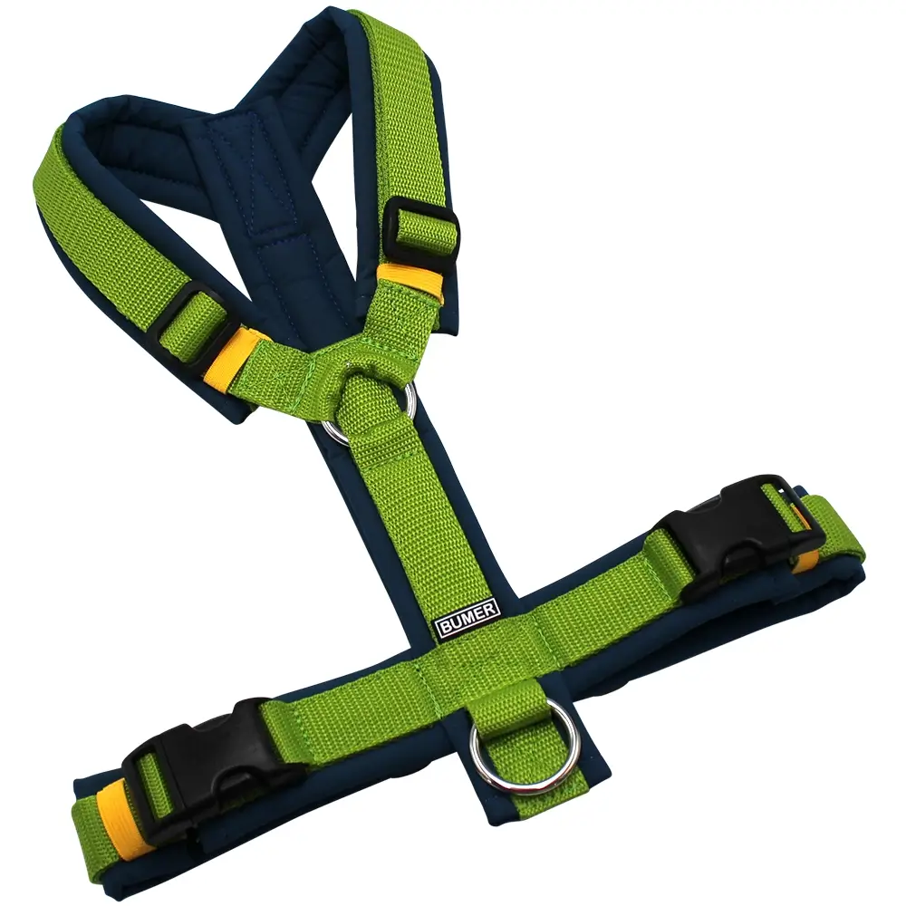 BUMER Hundegeschirr, gepolstert ohne geteilten Bruststeg, Größe M, Gurtband Dunkel Lime, Softshell Petrolshade, Ringe silberfarbig (Edelstahl), Schnallen schwarz (DURAFLEX®)