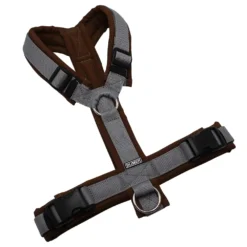 BUMER Hundegeschirr, gepolstert ohne geteilten Bruststeg, Größe M, Gurtband Mausgrau, Softshell Kupferkastanie, Ringe silberfarbig (Edelstahl), Schnallen schwarz (DURAFLEX®)