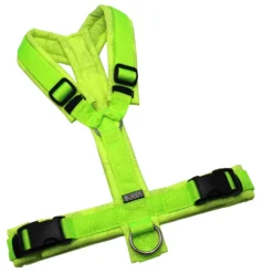 BUMER Hundegeschirr, gepolstert ohne geteilten Bruststeg, Größe M, Gurtband Neongrün, Softshell Camou Reflex Neongelb, Ringe silberfarbig (Edelstahl), Schnallen schwarz (DURAFLEX®)