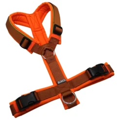 BUMER Hundegeschirr, gepolstert ohne geteilten Bruststeg, Größe M, Gurtband PREMIUM Copper Glow, Softshell Naranjada, Ringe silberfarbig (Edelstahl), Schnallen schwarz (DURAFLEX®)