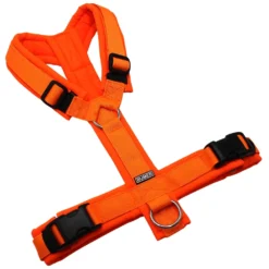 BUMER Hundegeschirr, gepolstert ohne geteilten Bruststeg, Größe M, Gurtband PREMIUM Electric Pumpkin, Softshell Neonorange, Ringe silberfarbig (Edelstahl), Schnallen schwarz (DURAFLEX®)