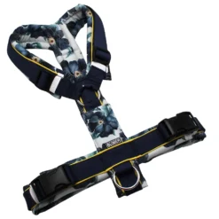 BUMER Hundegeschirr, gepolstert ohne geteilten Bruststeg, Größe M, Gurtband PREMIUM Midnight Indigo, Softshell BLACK DAHLIA, Ringe silberfarbig (Edelstahl), Schnallen schwarz (DURAFLEX®), Applikation