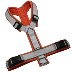 BUMER Hundegeschirr, gepolstert ohne geteilten Bruststeg, Größe M, Gurtband PREMIUM Muschelgrau, Softshell Ziegelrot, Ringe silberfarbig (Edelstahl), Schnallen schwarz (DURAFLEX®)
