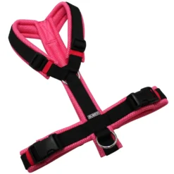 BUMER Hundegeschirr, gepolstert ohne geteilten Bruststeg, Größe M, Gurtband PREMIUM Pitch Black, MESH Rose, Ringe silberfarbig (Edelstahl), schwarz